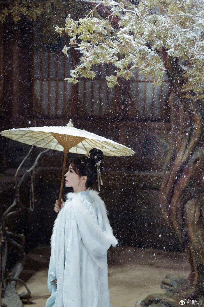 白鹿姜雪宁雪中撑伞造型大片