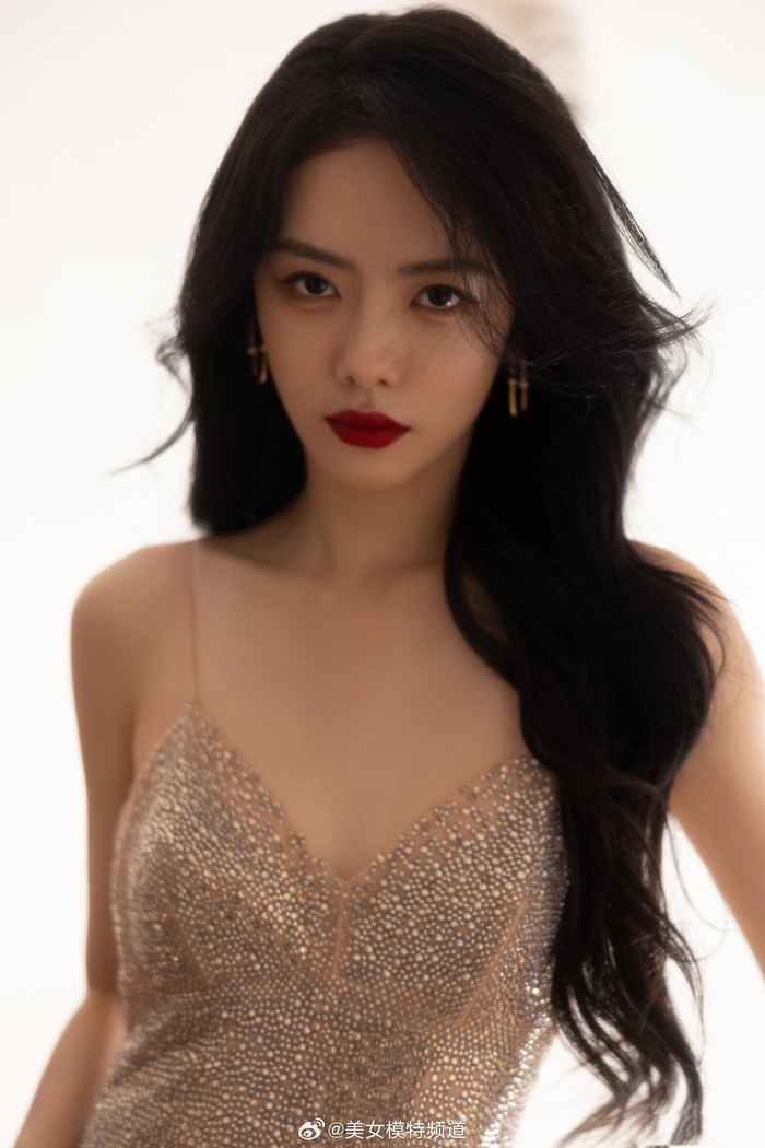 蔡文静红唇卷发一袭闪钻礼服裙