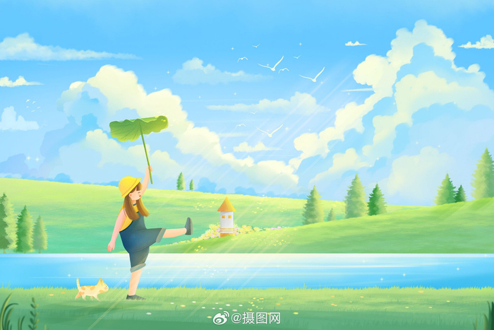插画分享唯美治愈蓝天白云插画背景图版权素材by摄图网