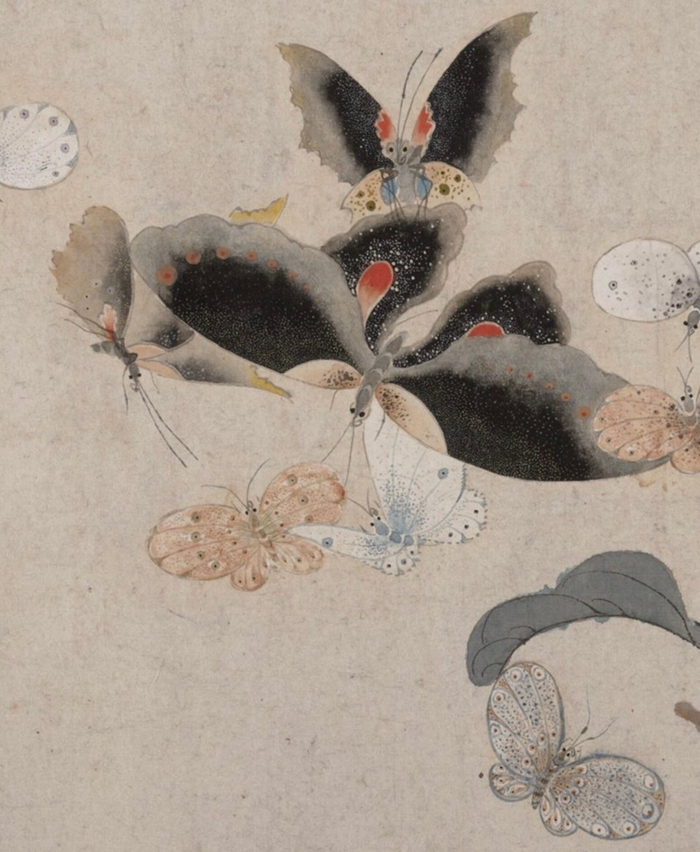 这幅《花卉蝴蝶图》出自清代女画家马荃之手,其绘花蝶以极工细之线条