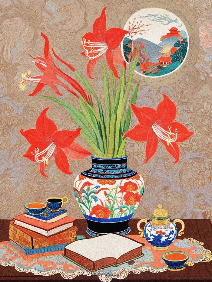 朝岁清供之朱顶红银柳花瞎画师carina