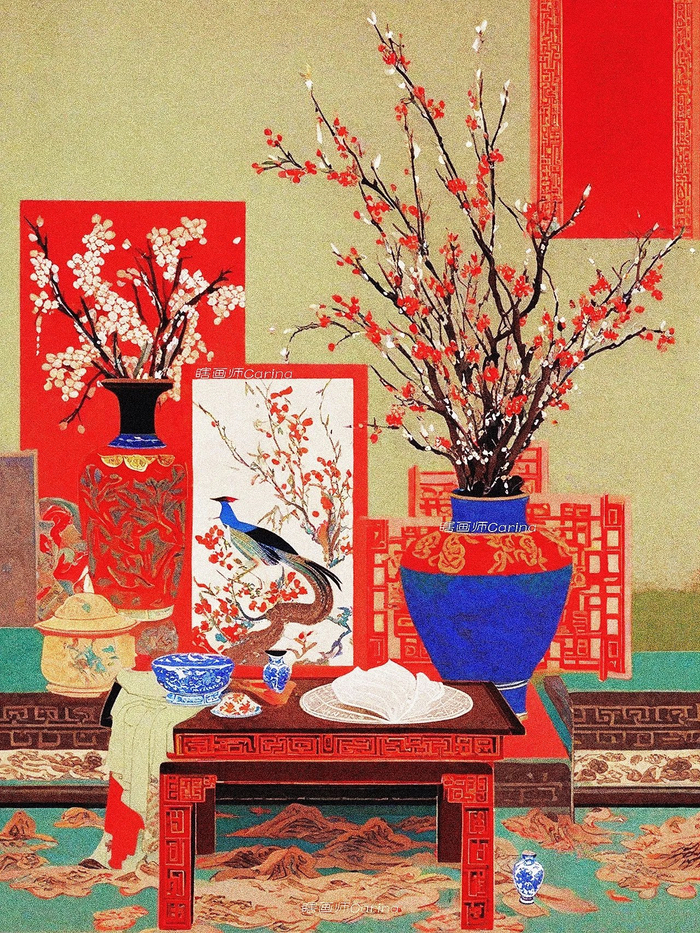 朝岁清供之朱顶红银柳花瞎画师carina