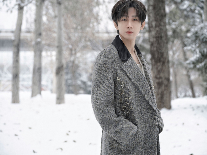 成毅昨天造型的库存照,雪景里的大帅哥