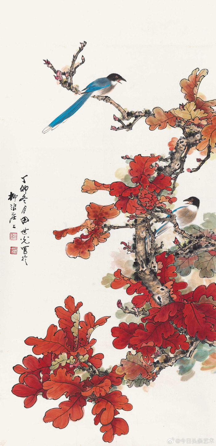 田世光笔下的红叶小鸟
