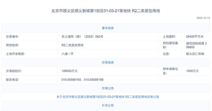 今天又一宗地正式掛牌了:順義府前街0321地塊該地塊是在23年12月13日