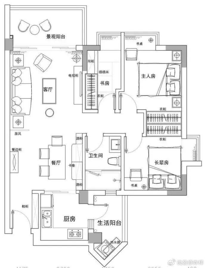 平面布置图入户的玄关走廊区域精心打造了嵌入式的到顶鞋柜