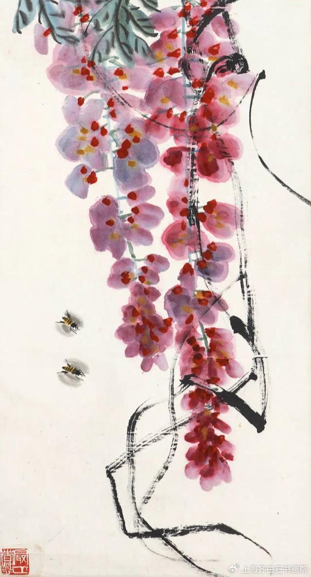 如何鉴定送拍齐白石紫藤蜜蜂,齐白石传人汤发周说,先看紫藤画法