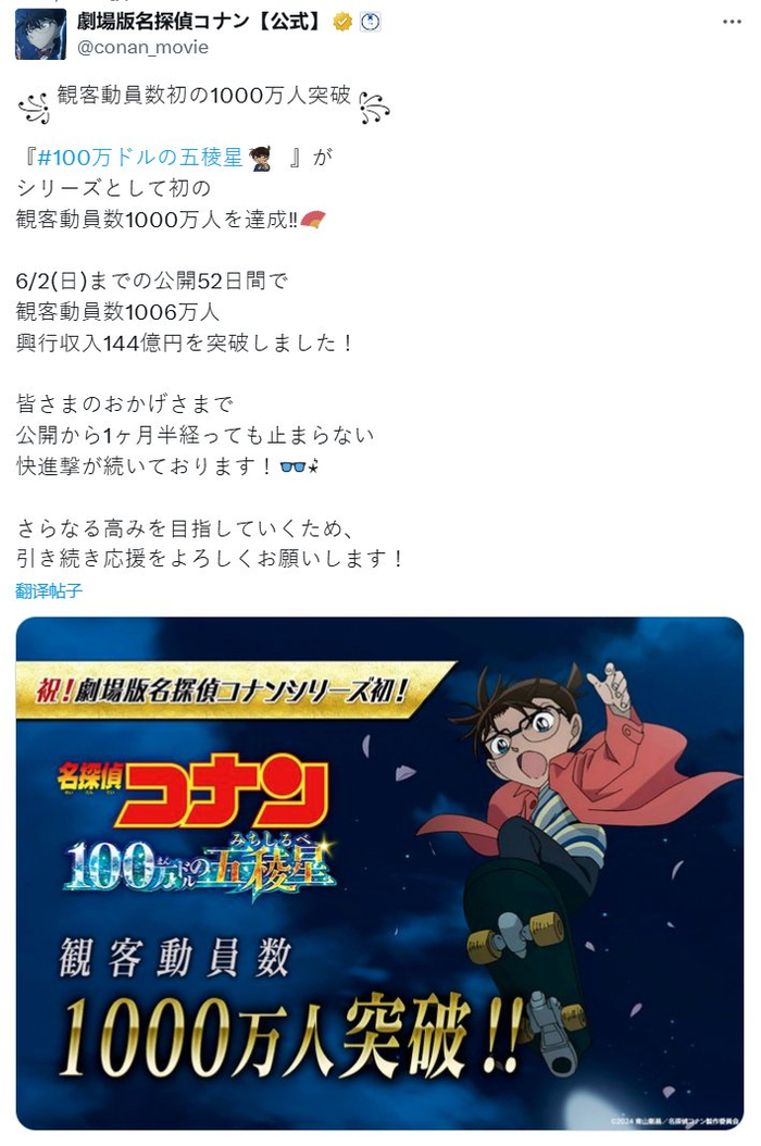 《名侦探柯南》第27部剧场版票房创纪录,观众人数突破1000万,票房收入