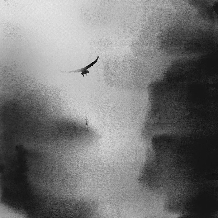 意境悠长,这组黑白水彩画,诠释了人与动物的和谐之美