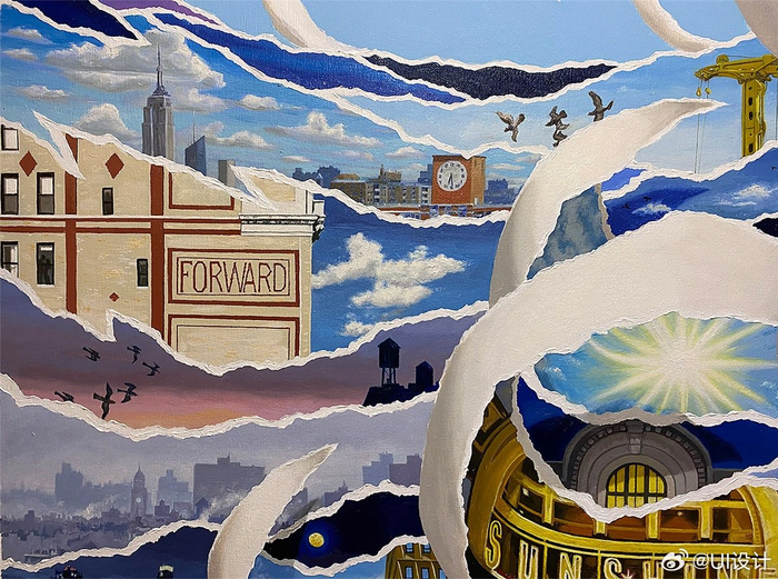 美式复古拼贴风绘画作品