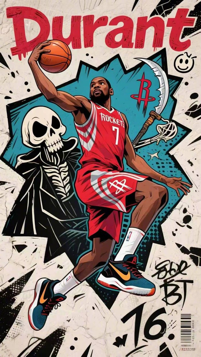 不愧是小帅!杜兰特身穿火箭球衣的高清卡通漫画壁纸