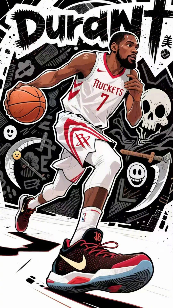 不愧是小帅!杜兰特身穿火箭球衣的高清卡通漫画壁纸