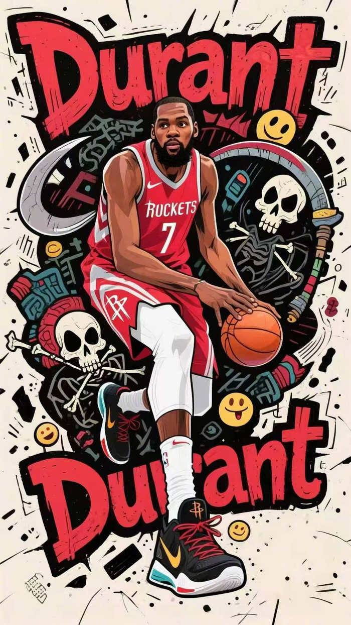 不愧是小帅!杜兰特身穿火箭球衣的高清卡通漫画壁纸