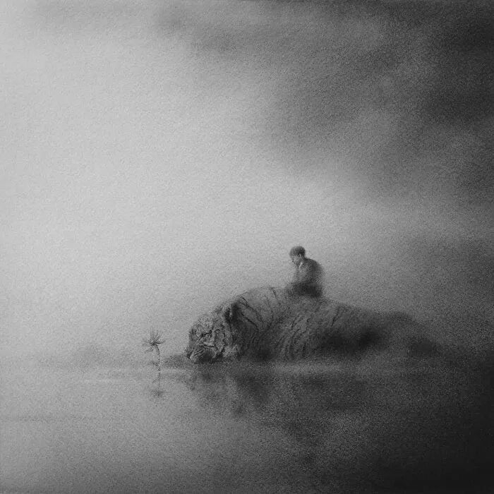 意境悠长,这组黑白水彩画,诠释了人与动物的和谐之美