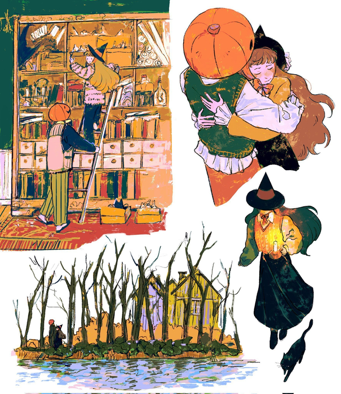 万圣节里的魔女与南瓜人 /插画from:stickymaelk