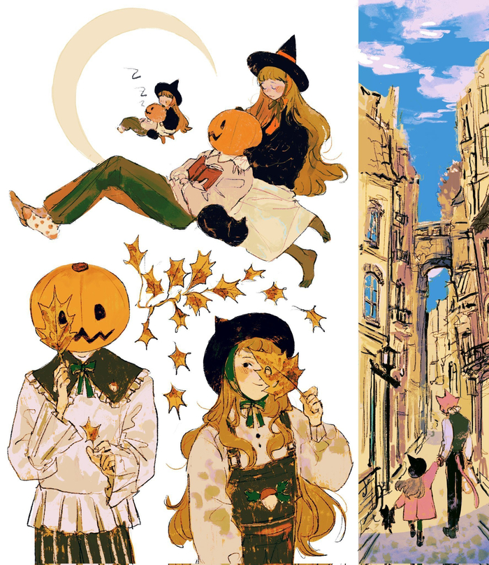 万圣节里的魔女与南瓜人 /插画from:stickymaelk