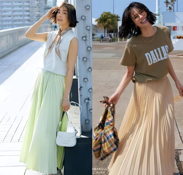 讲真中年女人想要穿出年轻活力感t恤搭配百褶裙就够优雅又减龄