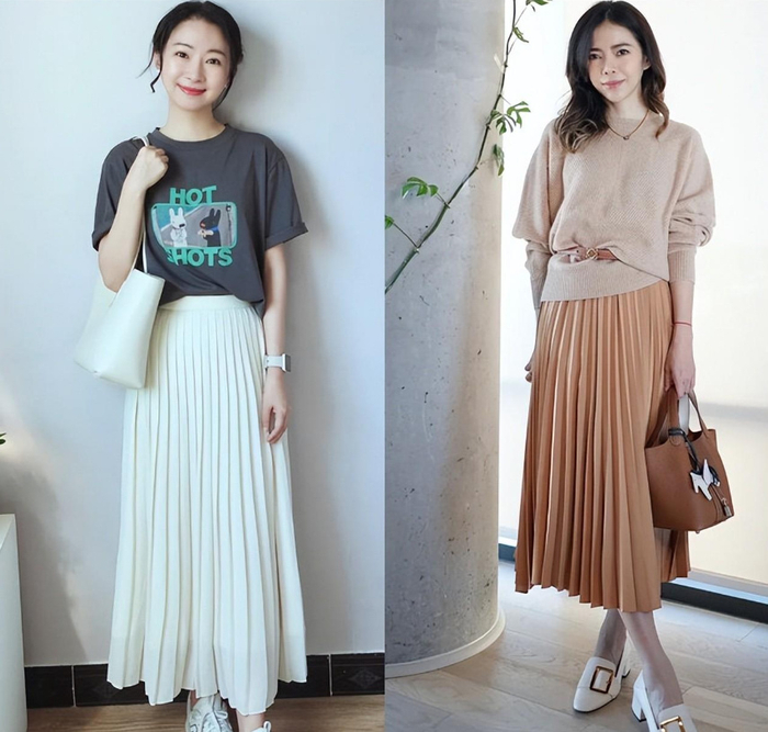 讲真中年女人想要穿出年轻活力感t恤搭配百褶裙就够优雅又减龄