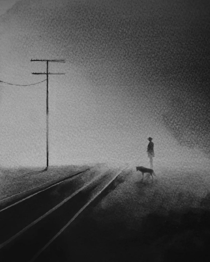 意境悠长,这组黑白水彩画,诠释了人与动物的和谐之美