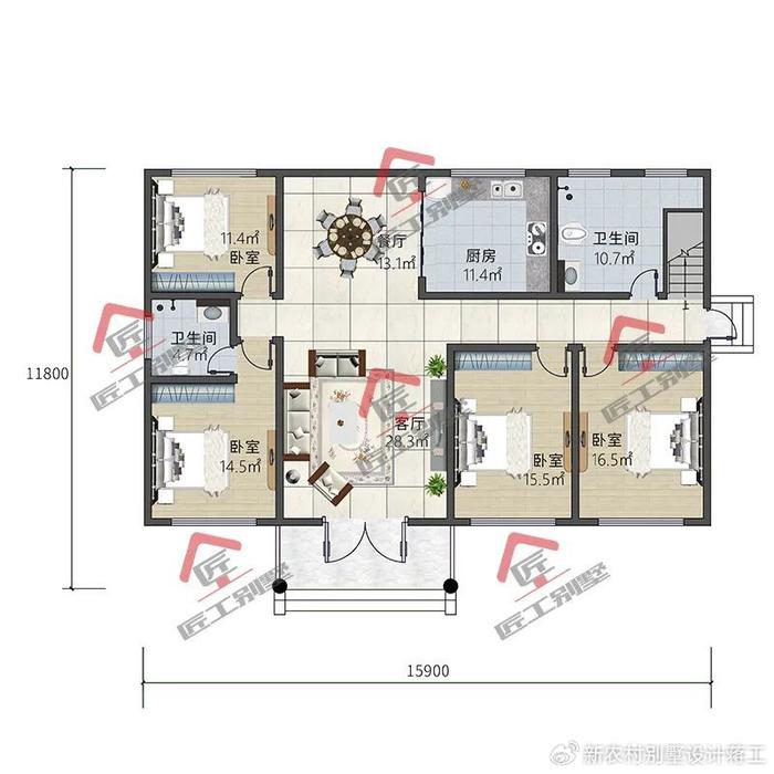 室内布局方面,三间朝南的大卧室设计,确保了充足的采光和通