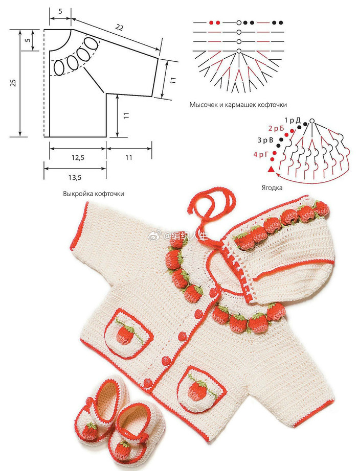 清新可爱的草莓花样宝宝钩衣以清新颜色为主调
