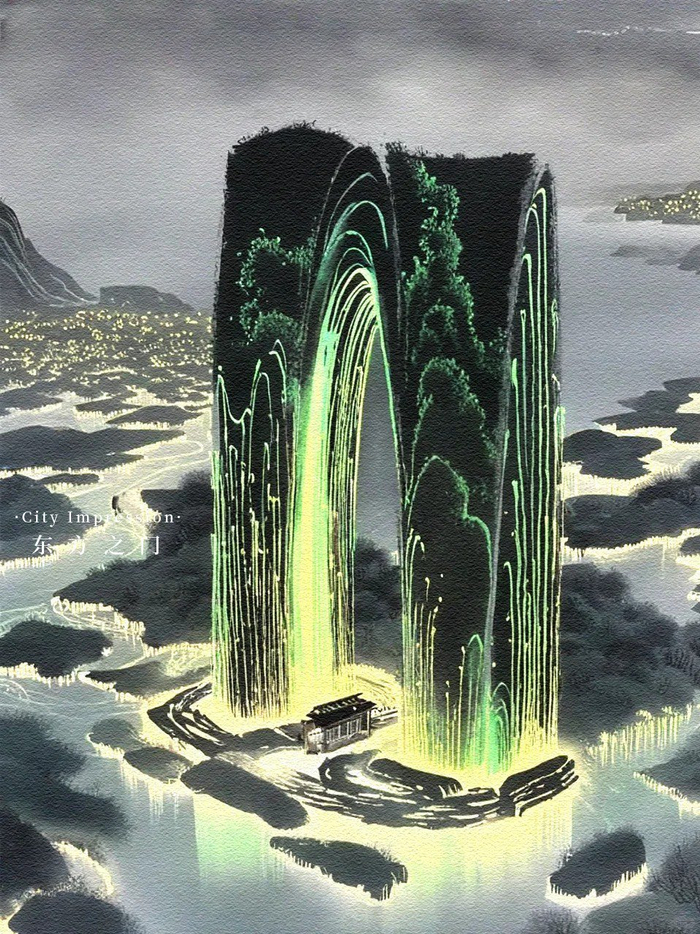 城市印象苏州丨东方之门水墨by福田ai