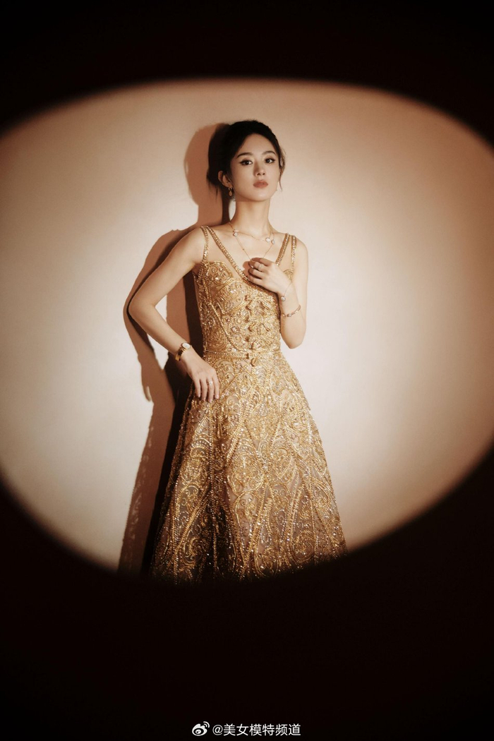 赵丽颖着金丝刺绣长裙高贵优雅扎高盘发造型端庄大气