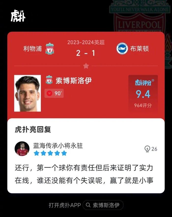 利物浦21布莱顿来看看虎扑球迷对索博斯洛伊本场比赛的犀利评分