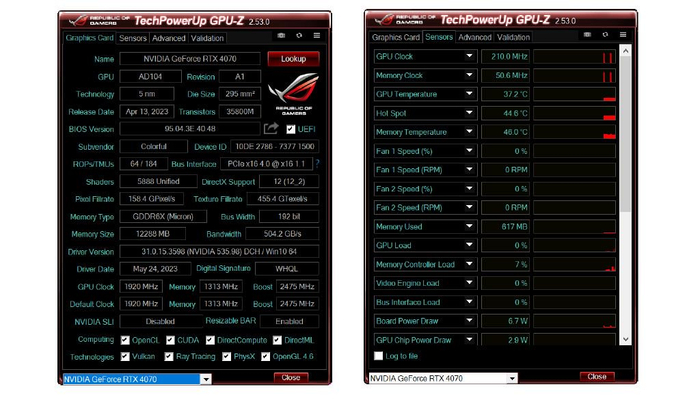 使用gpu-z查看rtx 4070显卡信息,核心代号ad104(具体的核心代号ad104