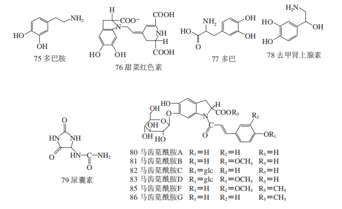 马齿苋中含有的生物碱类化合物包括4-(2-氨基乙基)-1,2-苯二酚(多巴胺