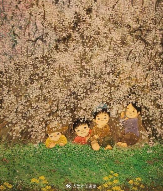 開田風童　水彩画 絵画の水彩画で開田風童が描いた子供たちの絵「猫じゃらしの中で