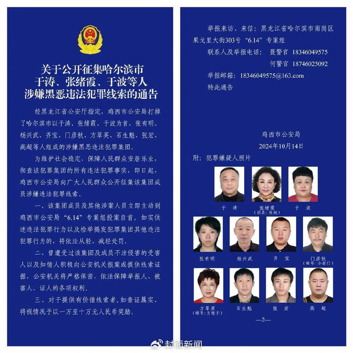 哈尔滨"警虎"于涛涉黑团伙覆灭:商业版图涉30余家公司二号人物在逃
