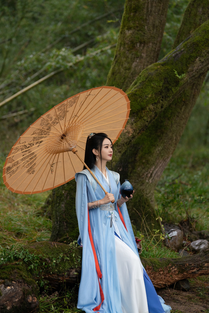 赵丽颖晒沈璃撑伞照蓝衣好美