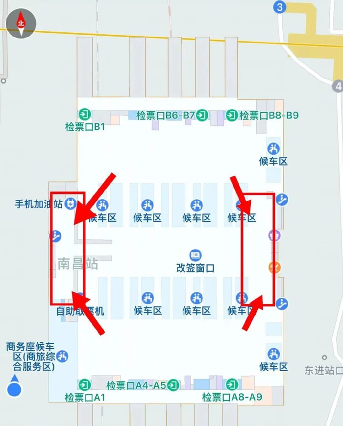 口均设有多个"手机充电处"东西两端的电梯旁南昌站候车厅二楼南昌站