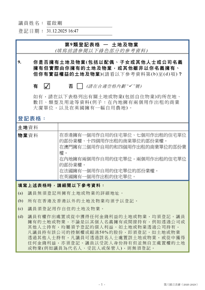 霍启刚财产申报表。立法会网页截图