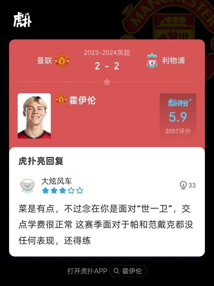 曼联22利物浦来看看虎扑球迷对霍伊伦本场比赛的犀利评分