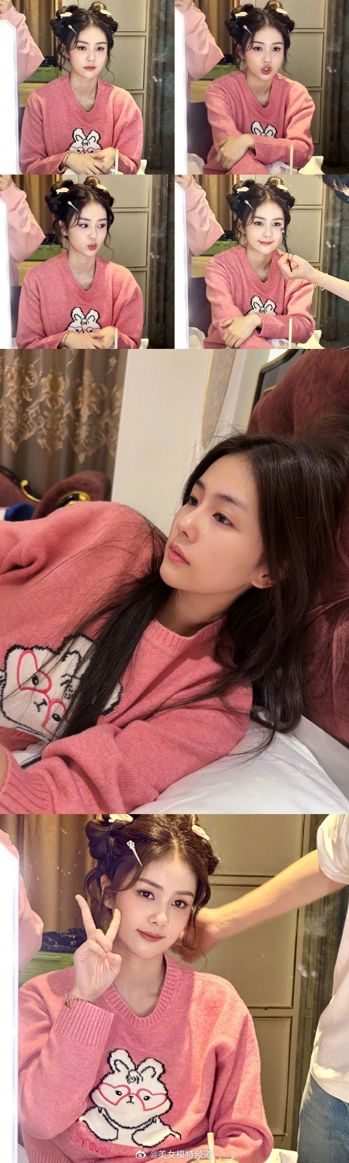 白鹿分享日常生活照等待化妆做发型时对镜自拍甜美可爱