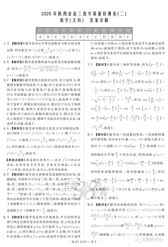 20200330全国卷第三次大联考试卷及详答+2020年陕西省二模数学试题及详解