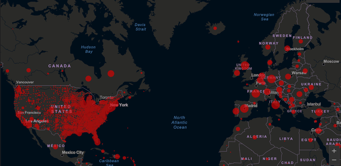 欧美疫情爆发情况（图/约翰·霍普金斯大学官网）