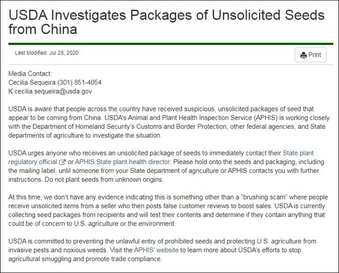 美国农业部声明称，正在调查此事，尚无证据表明这是“刷评骗局”