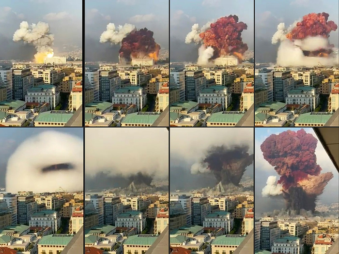当地时间8月4日晚6时，从一处办公室大楼拍摄的黎巴嫩贝鲁特港口爆炸的过程。