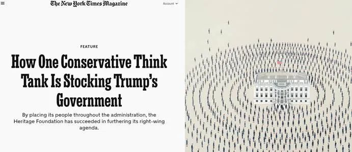  图为美国《纽约时报》揭露美国传统基金会的报道，称该基金会与特朗普当局关系紧密，并安插了很多右翼分子进入美国政府