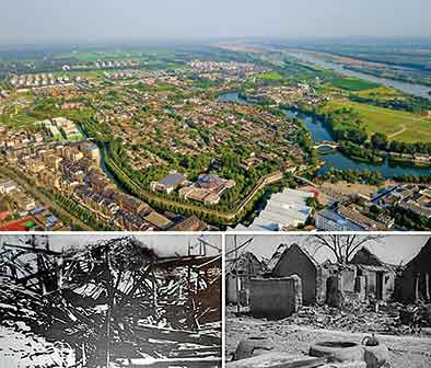 　　拼版照片：上图为8月17日无人机航拍台儿庄古城全貌（新华社记者郭绪雷摄）；下两图为1938年台儿庄大战后古城废墟（资料照片）。