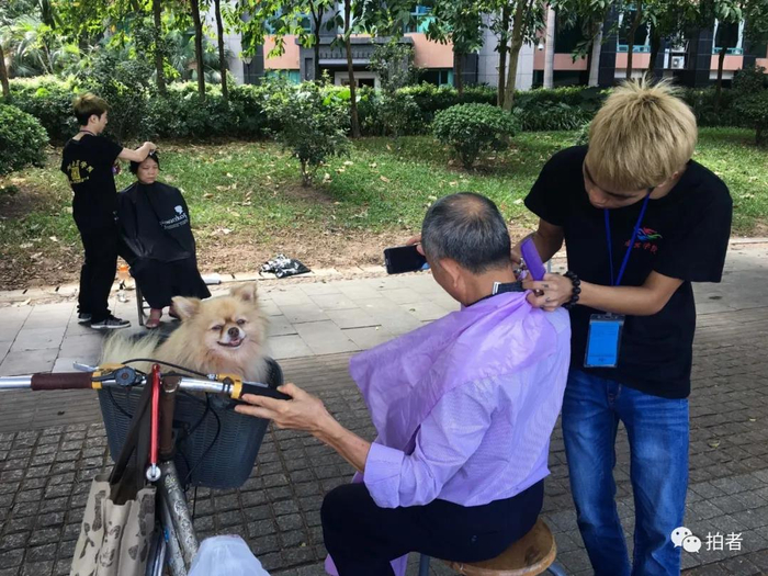 △ “露天理发店”。2016年11月2日，广州大桥附近，两位理发师在认真工作，男顾客利用手机屏幕反光看看理发效果，他的小狗坐在车篮里等候。