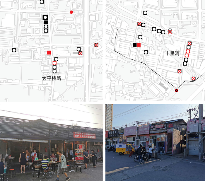 图10，两个城中村早餐点的变化情况（黑色虚线为围挡）。