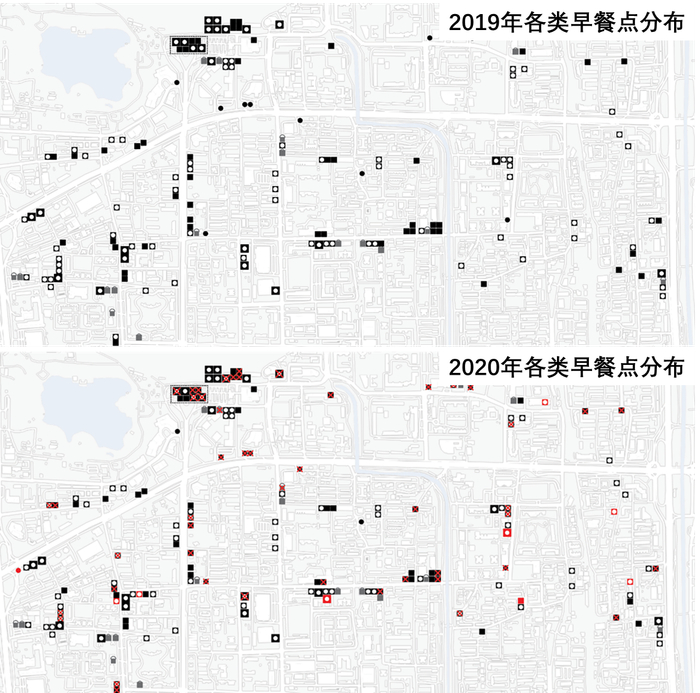 图3，北京西站以南地区2019年与2020年早餐点分布对比图（局部）