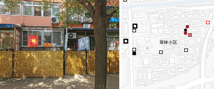图7，翠林小区中，消失了两个摊位和一家有早餐的饭馆。