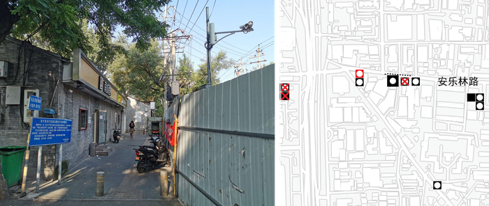 图6，安乐林路上在临时围挡保护下勉强开业的南城香（虚线标出了围挡位置，控制了路南侧的出入口）。