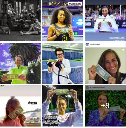 日前，包括比利·简·金本人及多位现役与已退役的WTA球员致敬“9位创始人”。网络截图