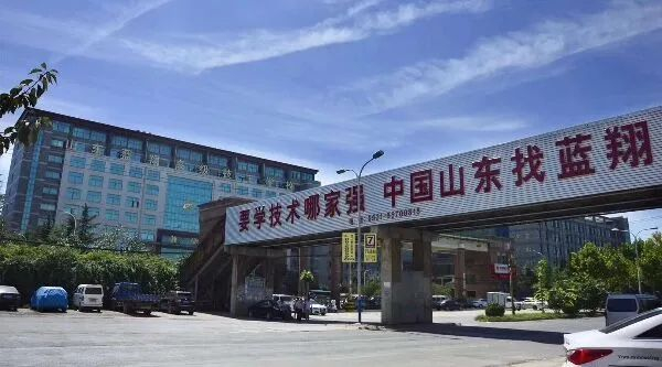 山东蓝翔技师学院门口的过街天桥上写着其标志性的宣传口号（受访者供图）